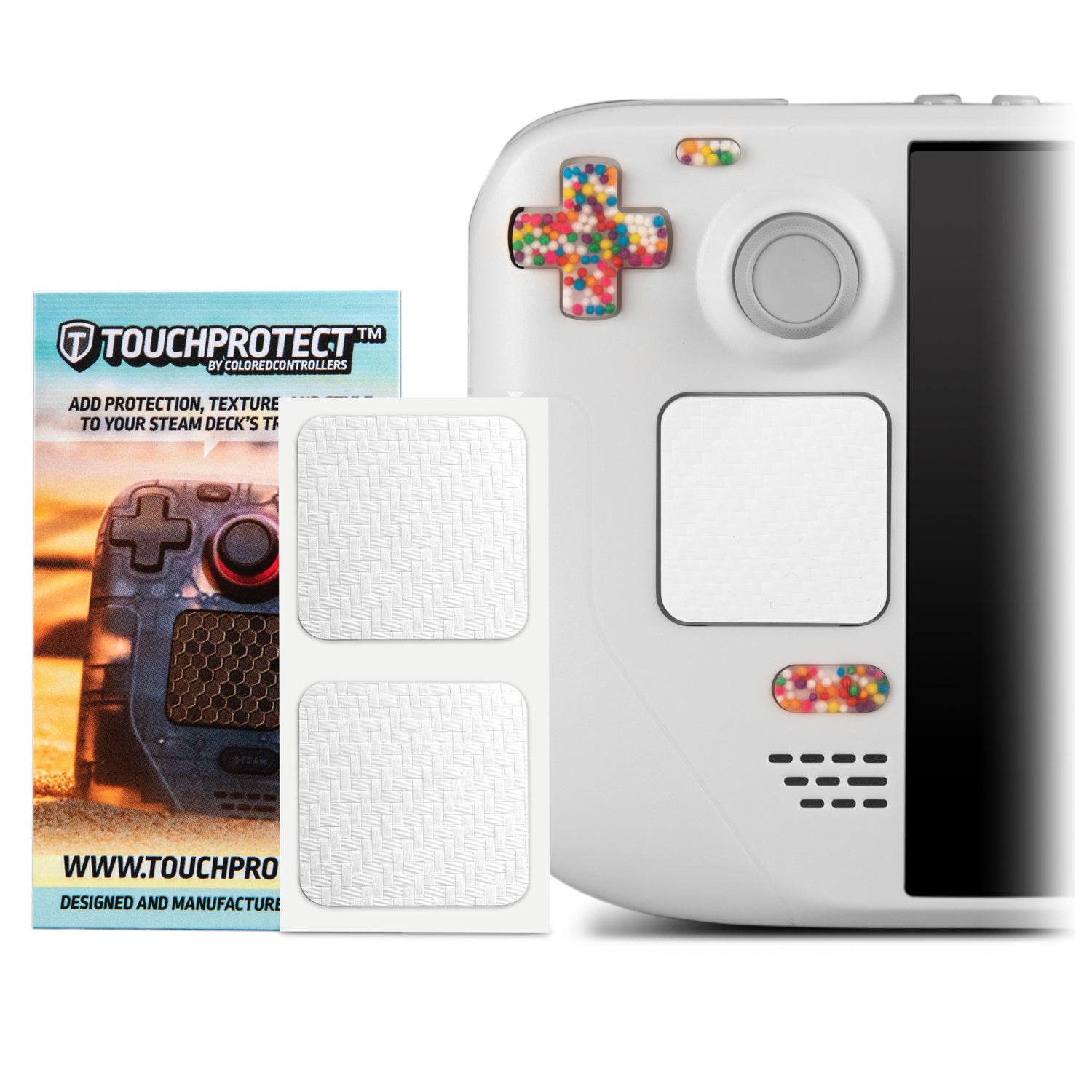 White carbon fiber touchrpotect display image. Shows packaging and a touchprotect installed on steam deck