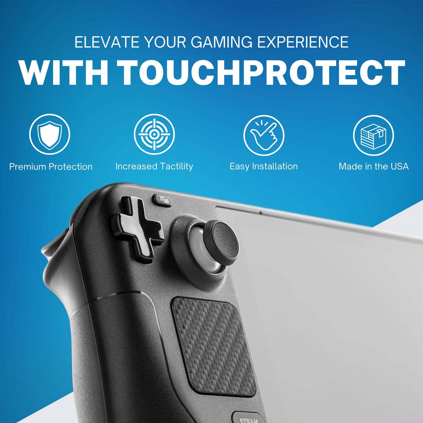 Infographic showing Touchprotect Features. Premium protection. Increased Tactility. Easy Installation. Made in the USA.