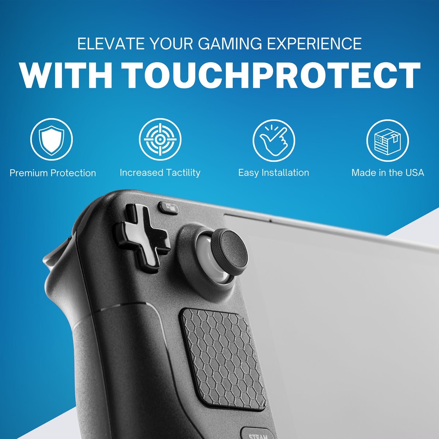 Infographic showing Touchprotect Features. Premium protection. Increased Tactility. Easy Installation. Made in the USA.