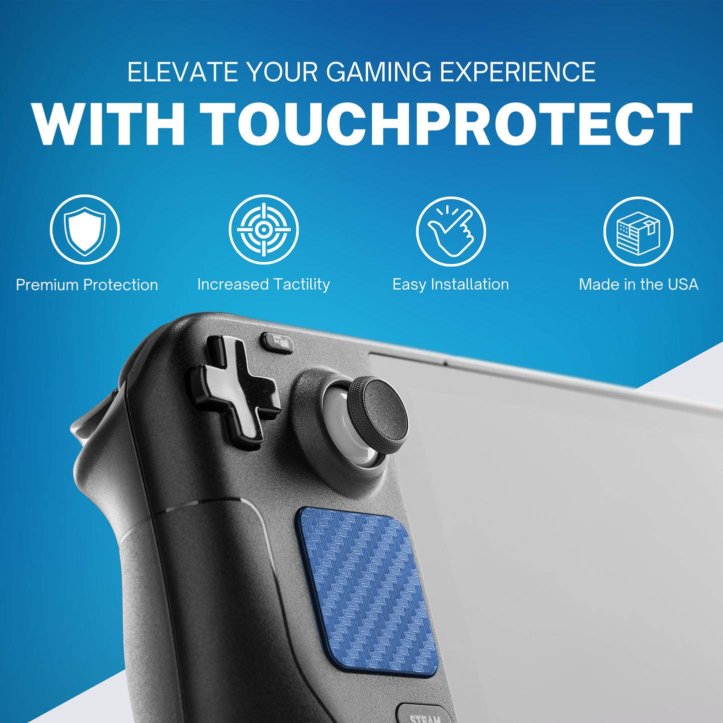 Infographic showing Touchprotect Features. Premium protection. Increased Tactility. Easy Installation. Made in the USA.