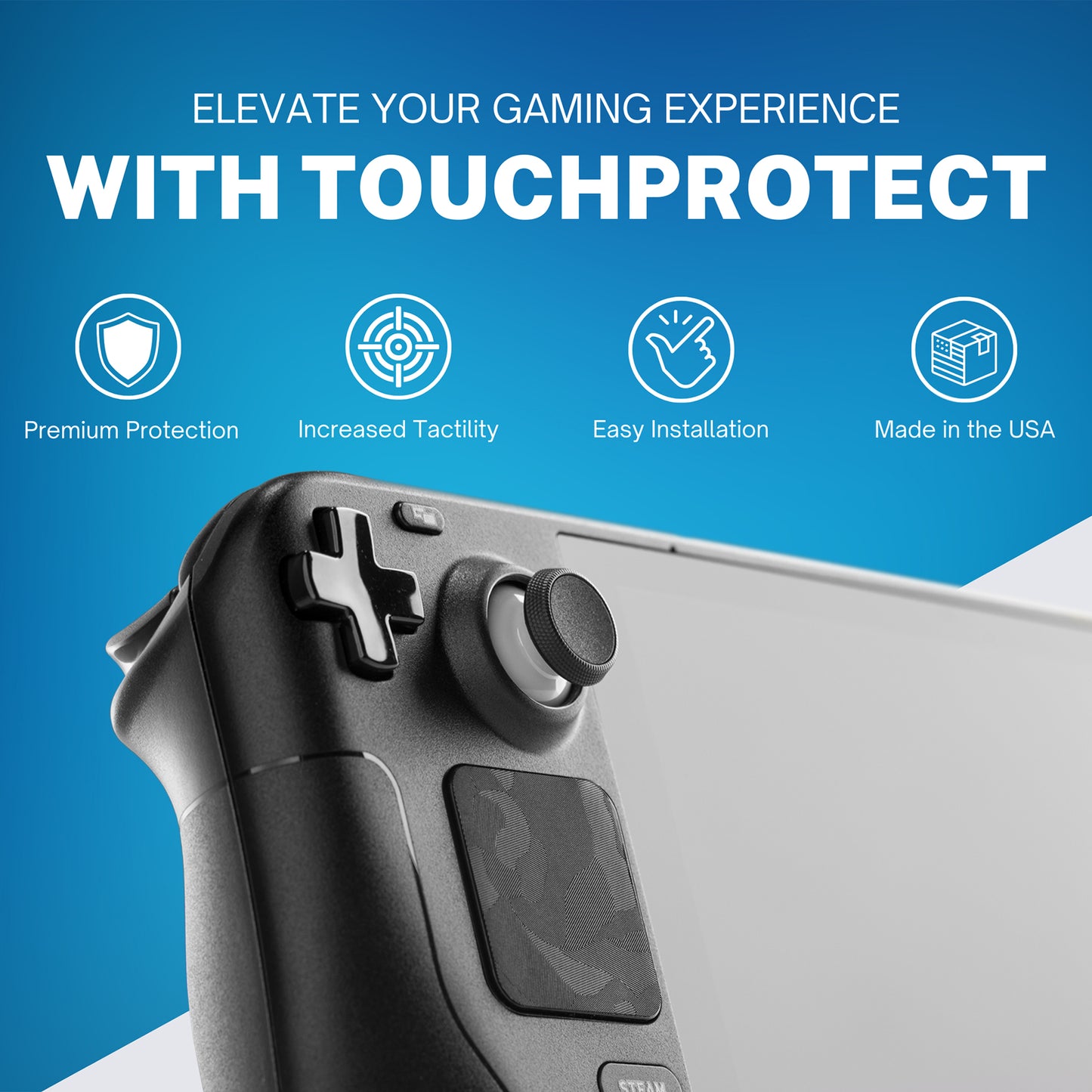Infographic showing Touchprotect Features. Premium protection. Increased Tactility. Easy Installation. Made in the USA.