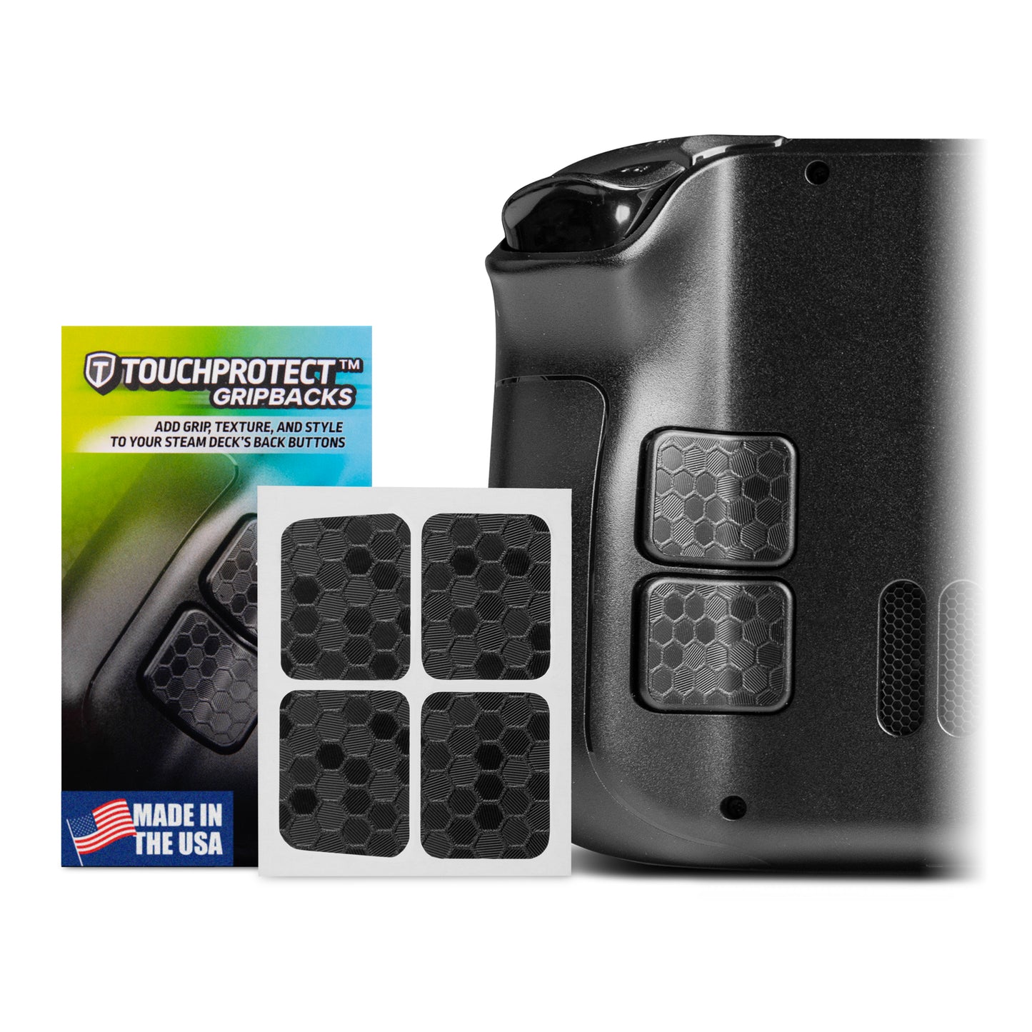 Packaging on the left , the touchprotect on sticker sheet in middle, and one touchprotect installed on the left back buttons of the steam deck. Black hex stickers shown