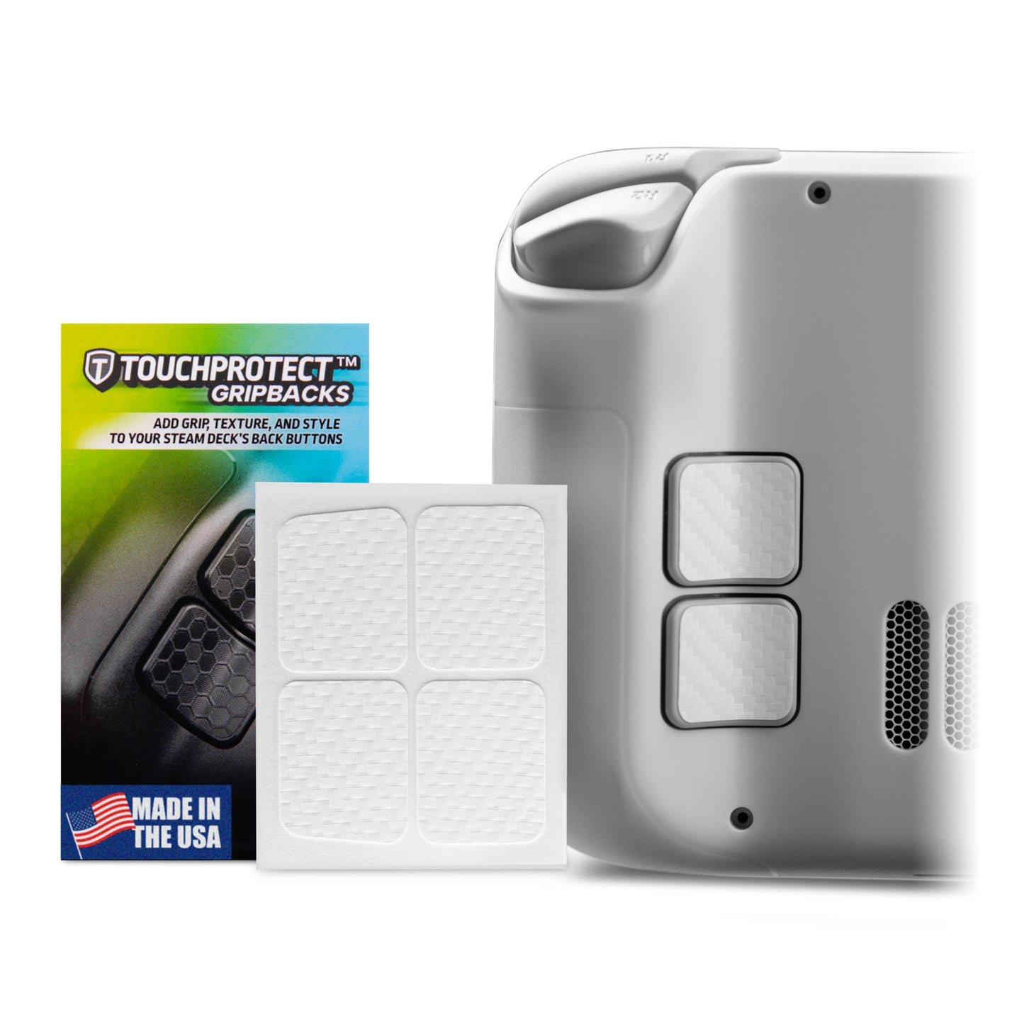 Touchprotect gripbacks carbon fiber white installed on steamdeck. Image shows packaging and product