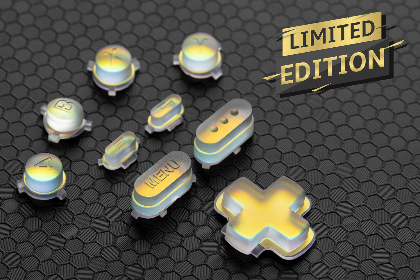 Holographic steam deck button set on hex background