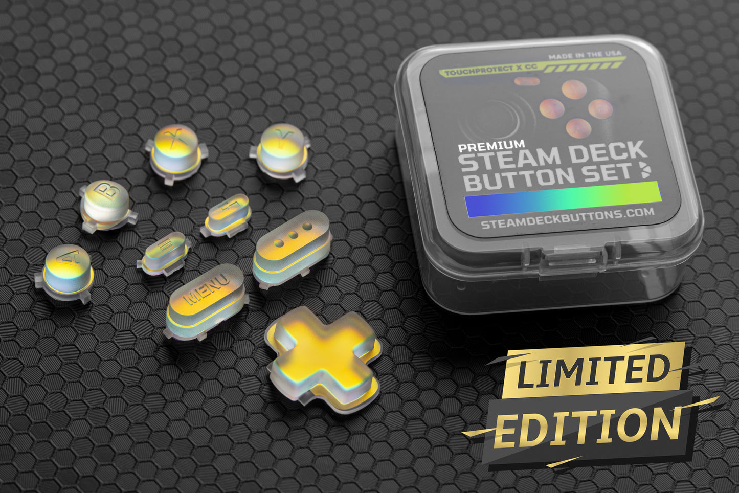 Steam deck button set holographic limited edition and reusable clamshell case.