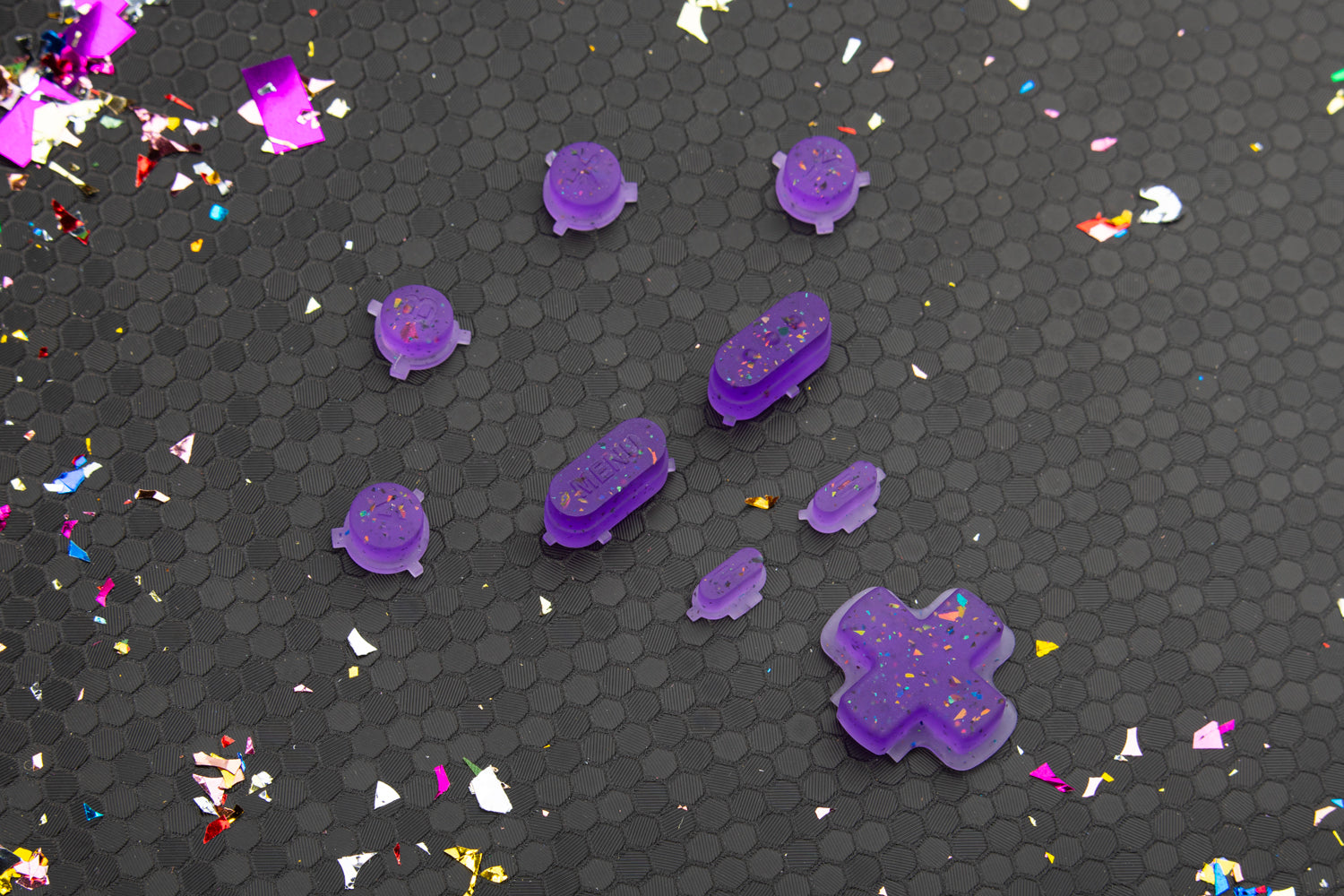 party purple steam deck button set on a hex background with confetti
