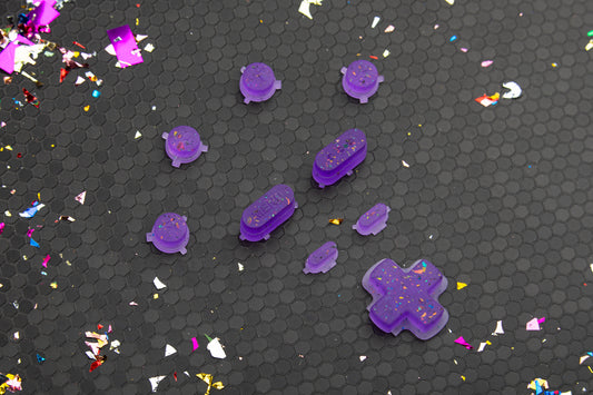 party purple steam deck button set on a hex background with confetti