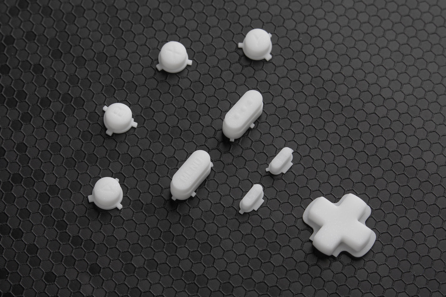 White sparkle flake steam deck buttons on a hex backgound