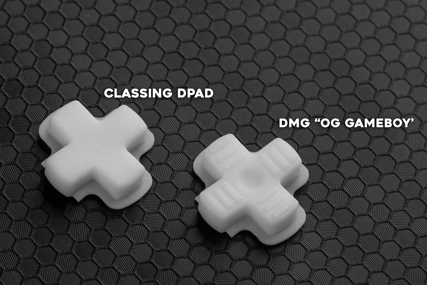 two arctic white dpads one standard one gameboy style on a hex background