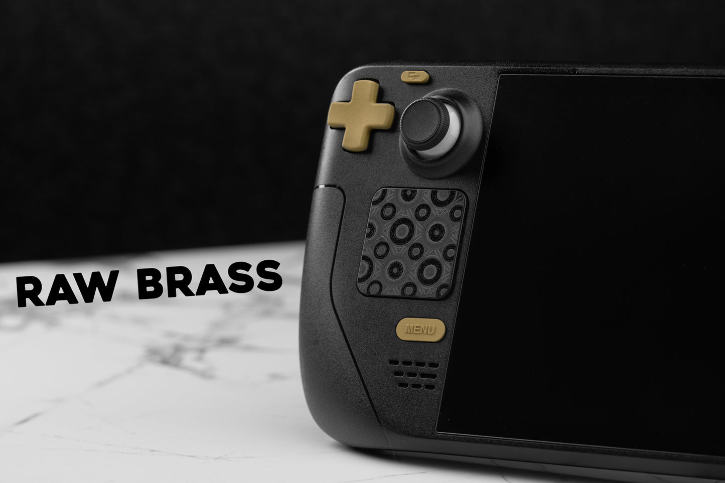 raw brass buttons in black steam deck, dpad side