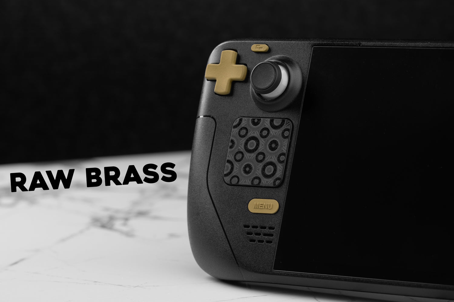 raw brass buttons in black steam deck, dpad side
