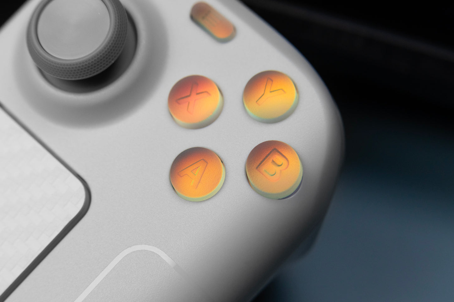 Holographic buttons close-up ABXY white steam deck