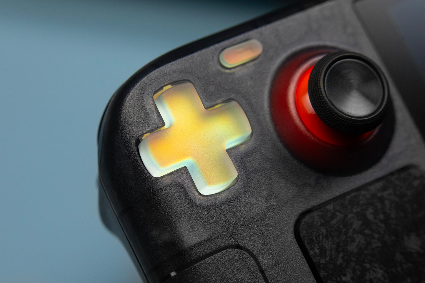 Close-up of the pad holographic installed in limited edition smoked steam deck