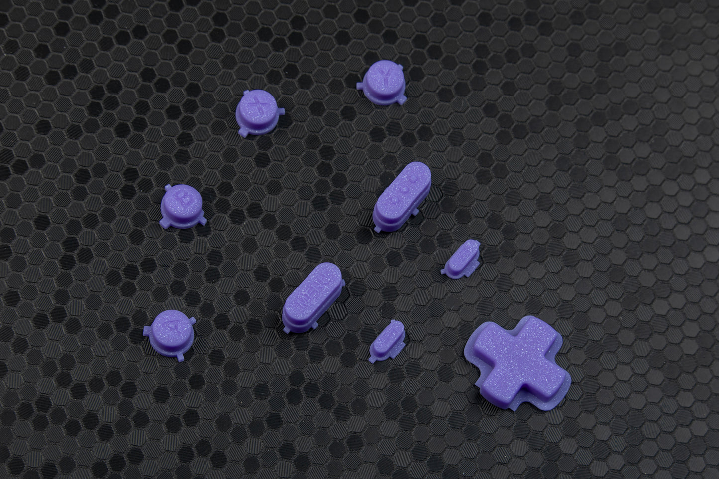 Purple sparkly steam deck buttons. Hex background.