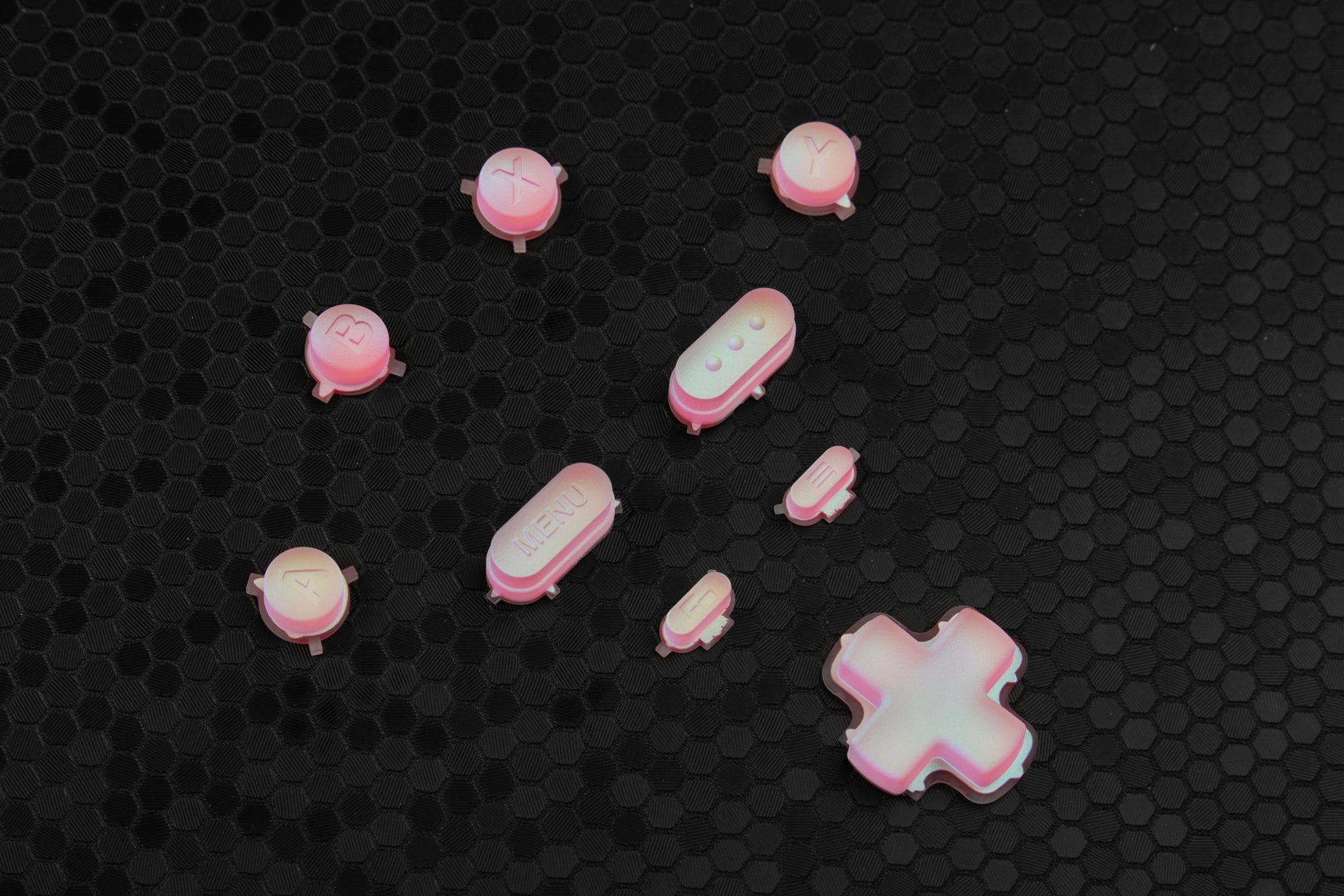 pink to blue to champagne holo steam deck button set on hex background