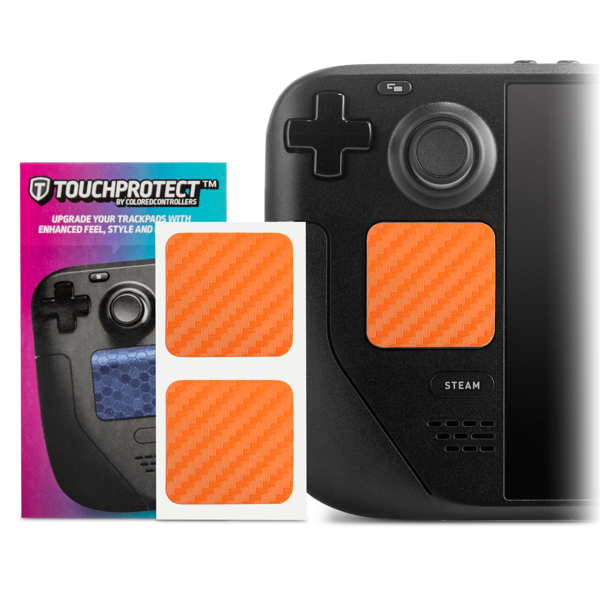 two orange carbon fiber trackpad stickers for steam deck