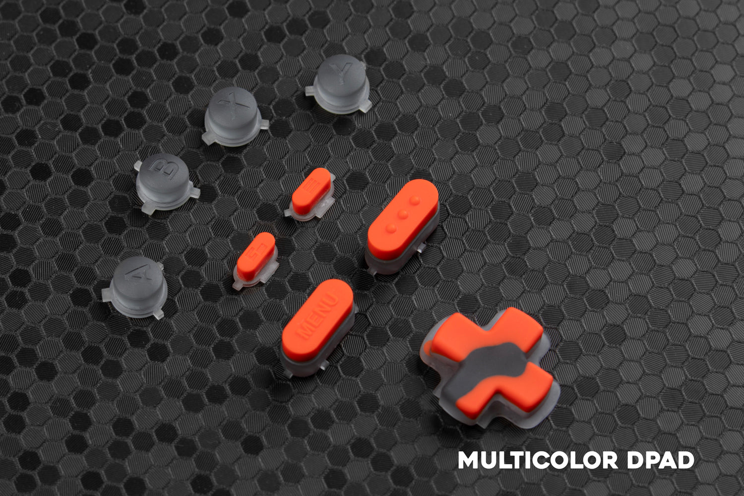 Steam deck button set in transparent grey and orange, with a multicolored orange and grey dpad to match.