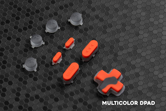 Steam deck button set in transparent grey and orange, with a multicolored orange and grey dpad to match.