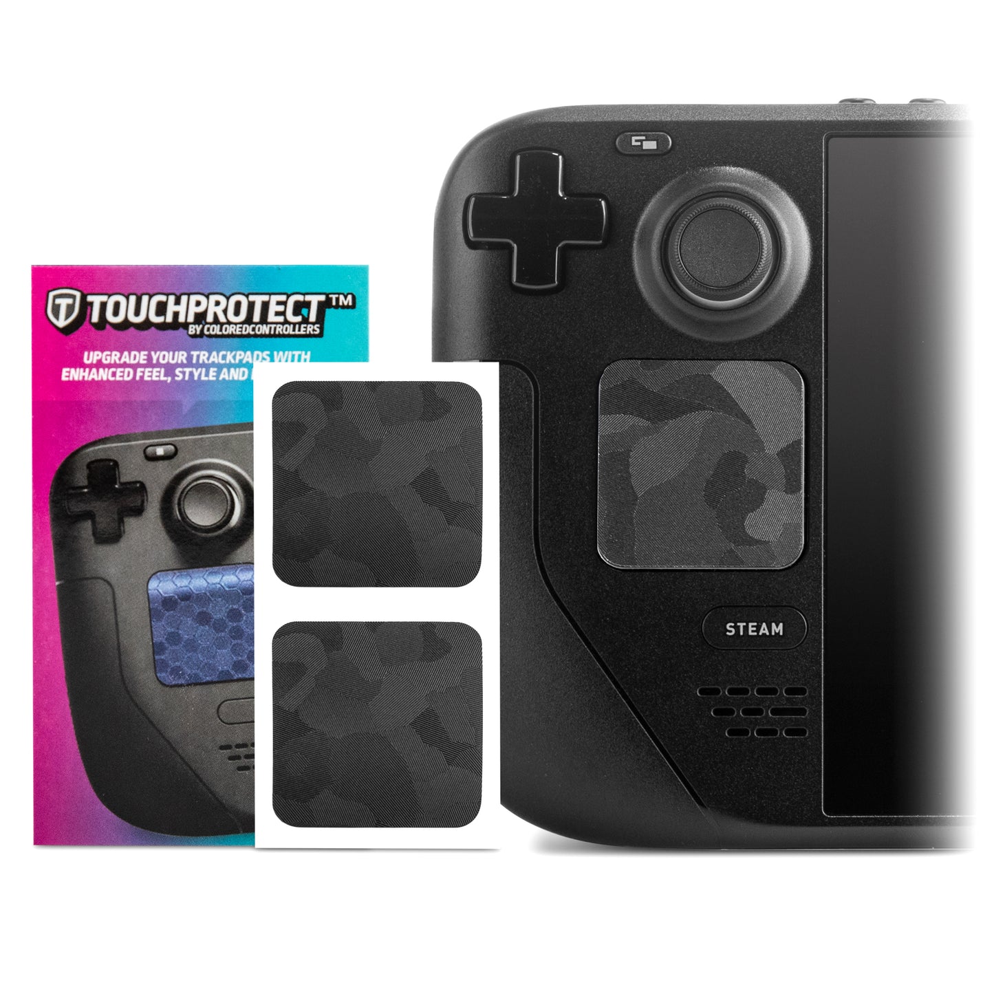 Touchprotect trackpad stickers for the steam deck. Image shows packaging on the left with made in the usa on the card, the touchprotect on sticker sheet in middle, and one touchprotect installed on the left trackpad of the steam deck. Touchprotect mirage are a black camo pattern that is hatched at different angles, this makes the pattern show up in different lighting and appears to "move"