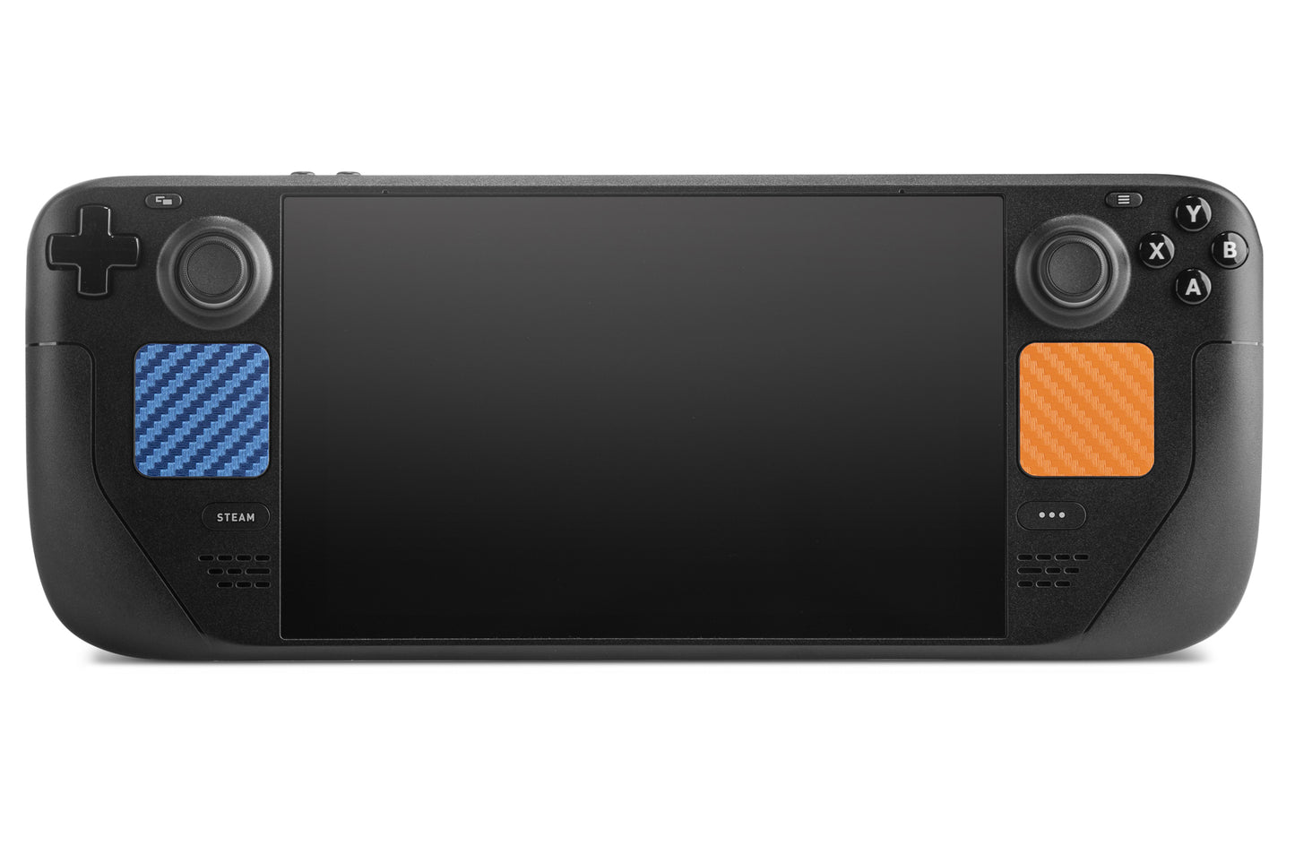 Steam Deck with blue trackpad on the left, orange trackpad on the right.