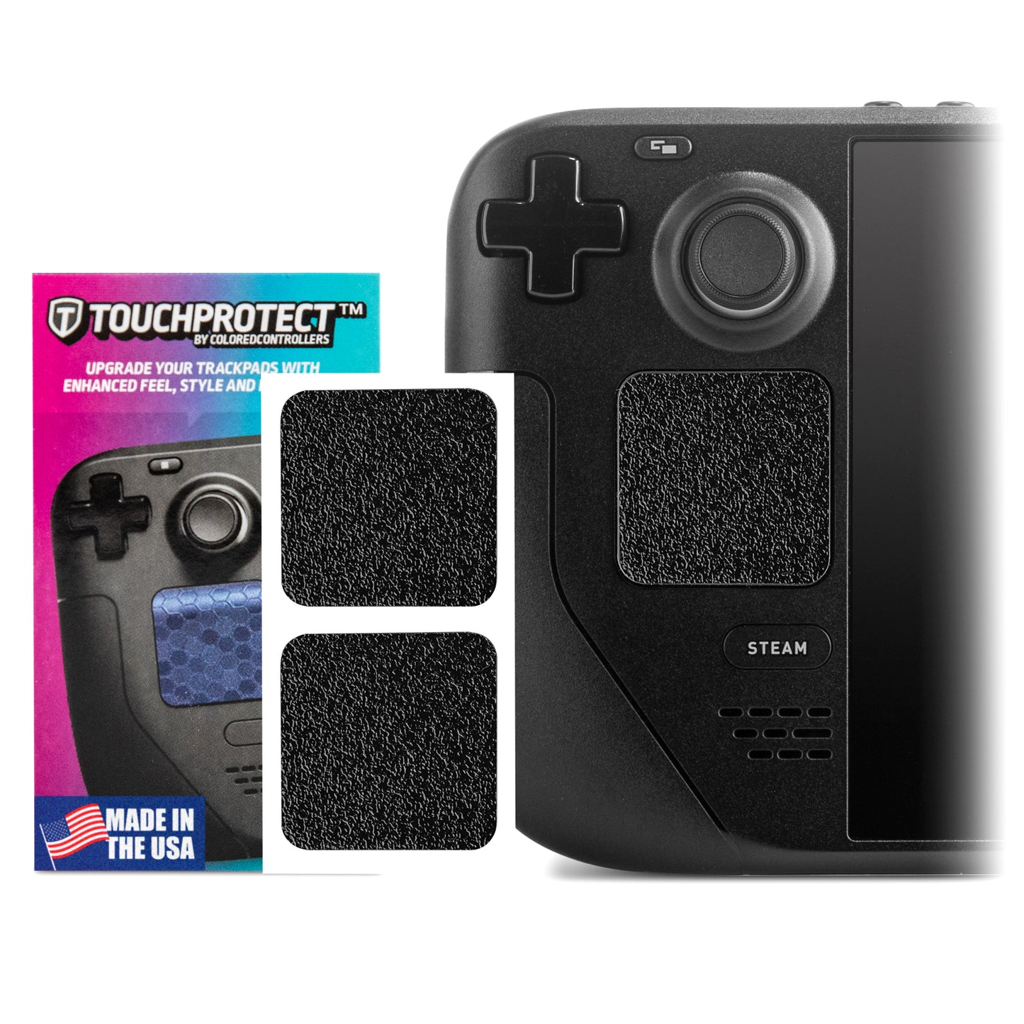 Touchprotect trackpad stickers for the steam deck. Image shows packaging on the left with made in the usa on the card, the touchprotect on sticker sheet in middle, and one touchprotect installed on the left trackpad of the steam deck. Touchprotect tactical are black with a rough "bed liner" (think truck bed) texture.