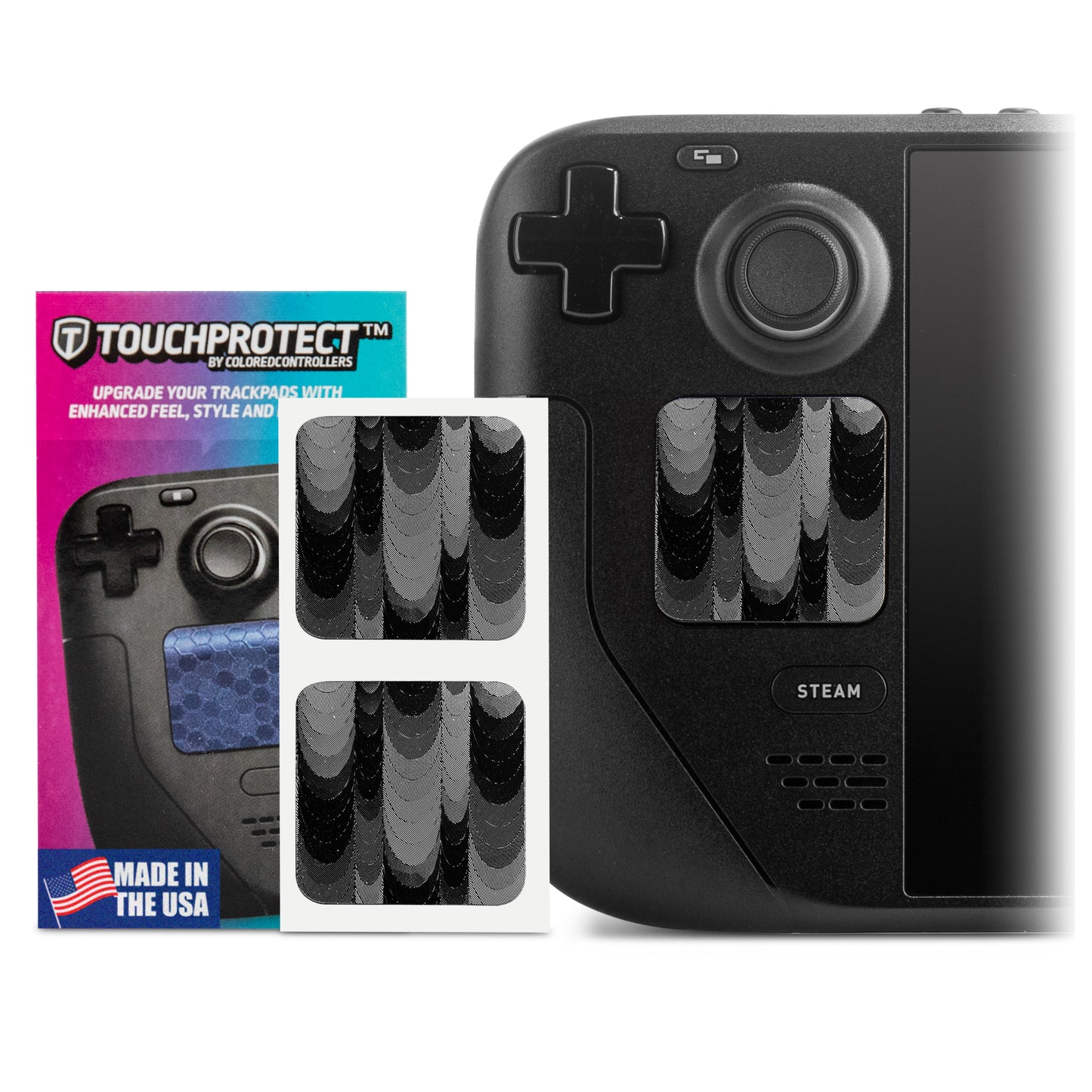 Touchprotect trackpad stickers for the steam deck. Image shows packaging on the left with made in the usa on the card, the touchprotect on sticker sheet in middle, and one touchprotect installed on the left trackpad of the steam deck. This shows the waterfall design, which is a black sticker embossed with drop looking shapes.