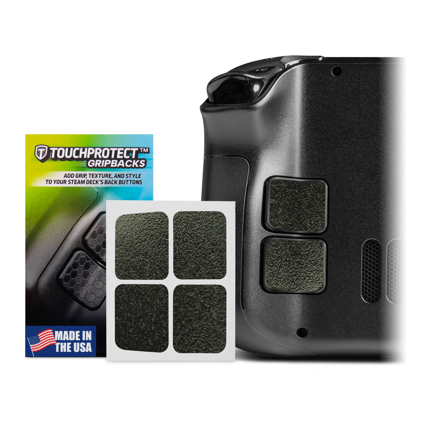 tactical green gripbacks, packaging on left, touchprotect middle, steam deck right