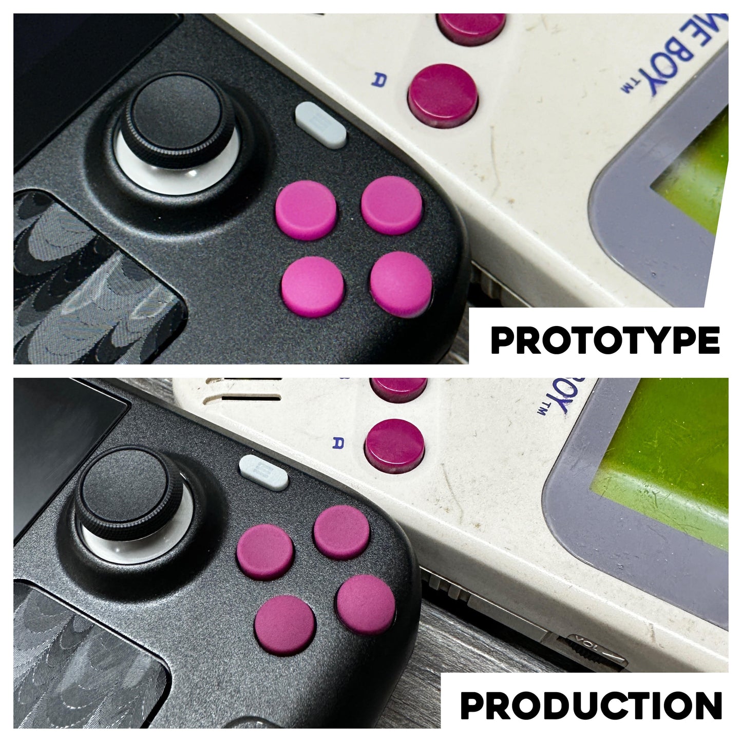 original prototype buttons shown next to production buttons