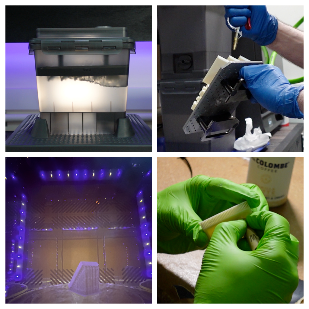 Images showcasing steps for curing a resin 3d print
