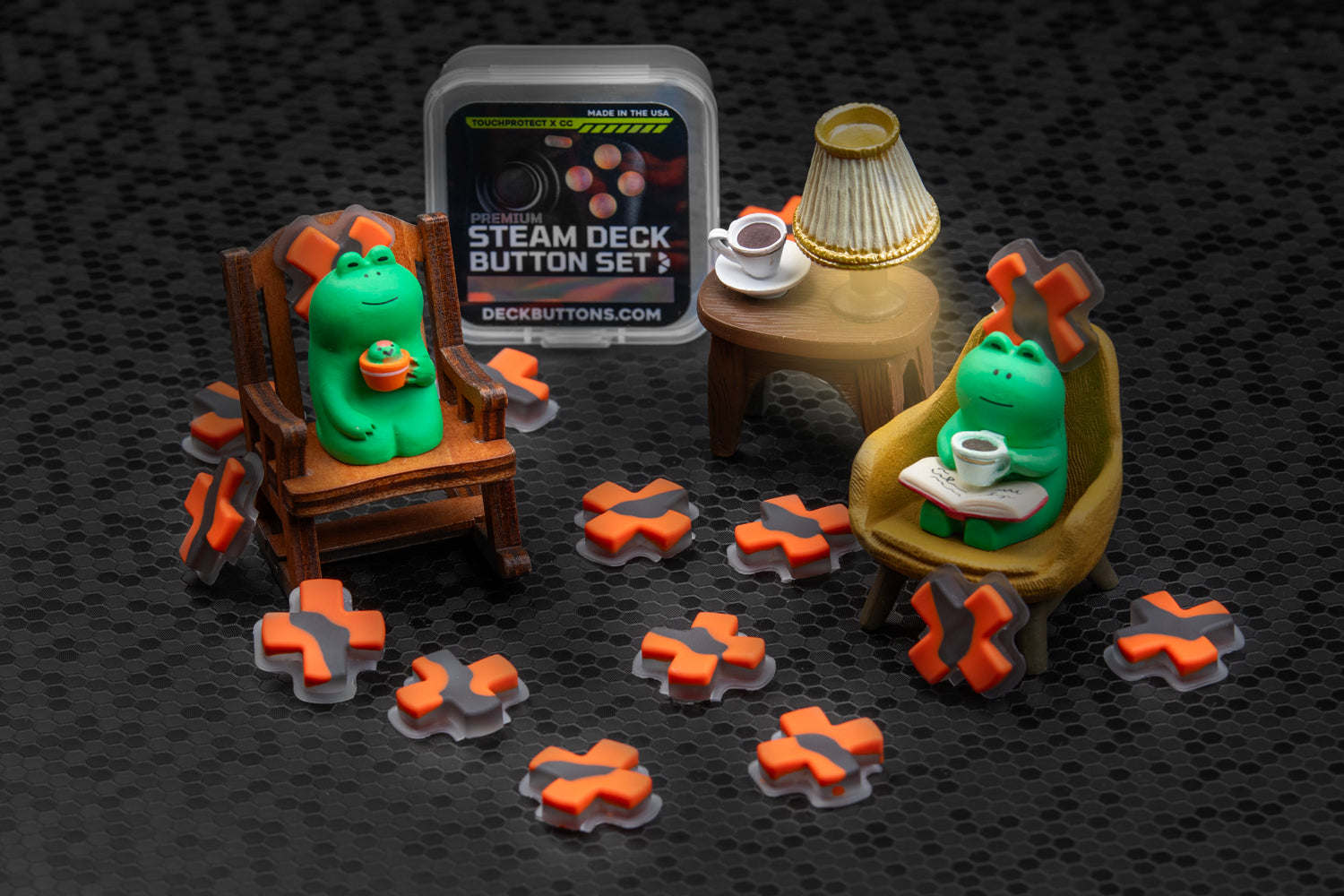 A bunch of steam deck dpad's in grey and orange with a small scene of frogs enjoying coffee