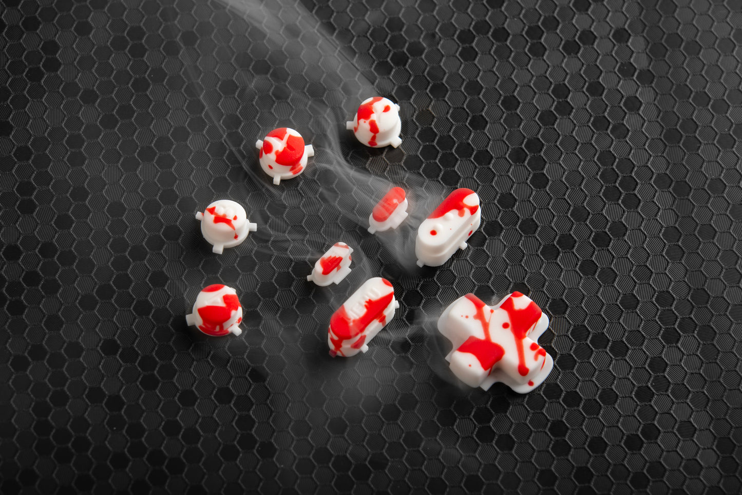 Blood splatter steam deck buttons on a honeycomb background. Foggy atmosphere. 