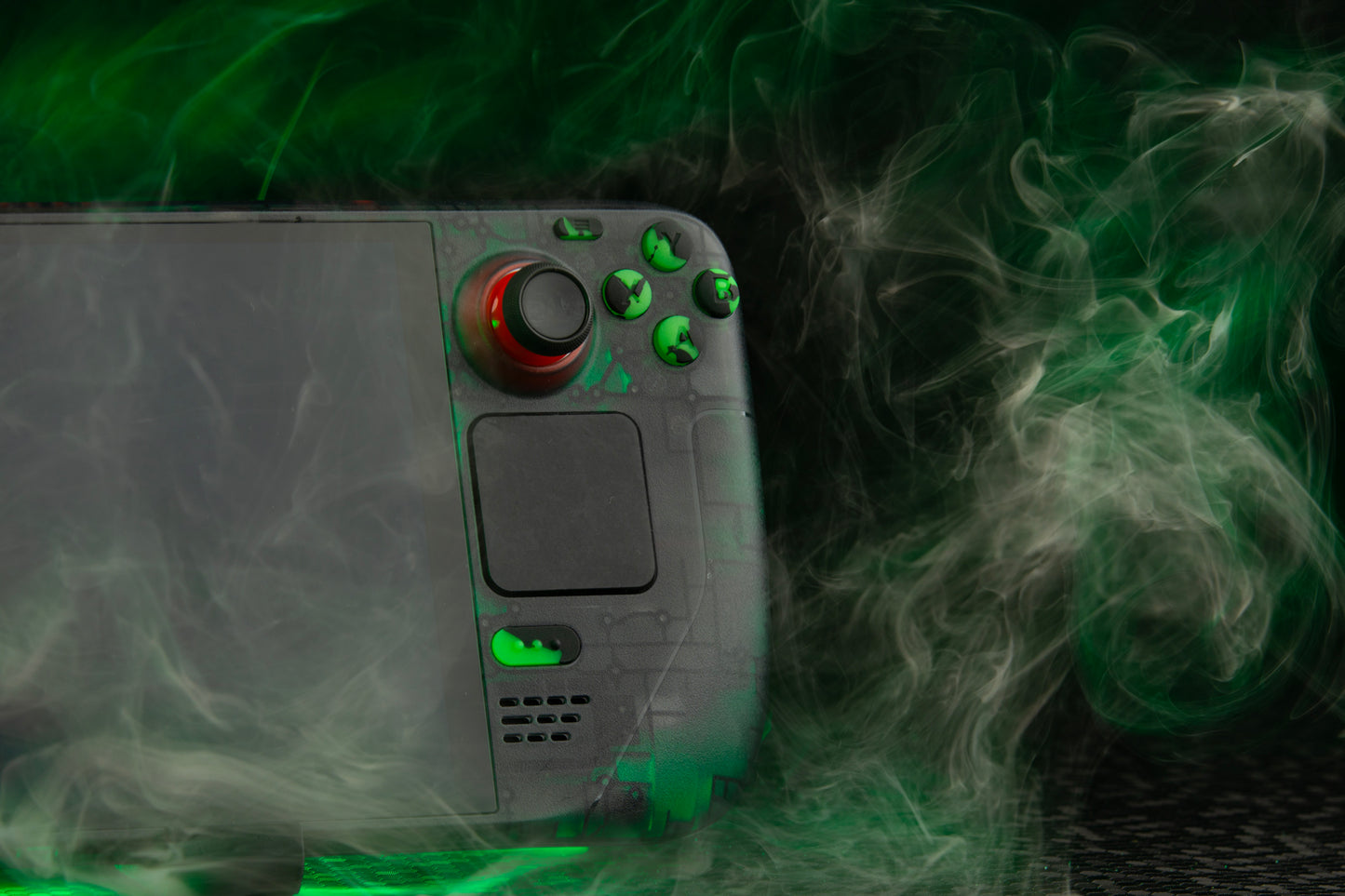 transparent smoked steam deck with green and black splat buttons installed. Foggy scene