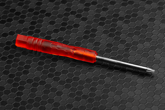 transparent head red screwdriver on a hex background 