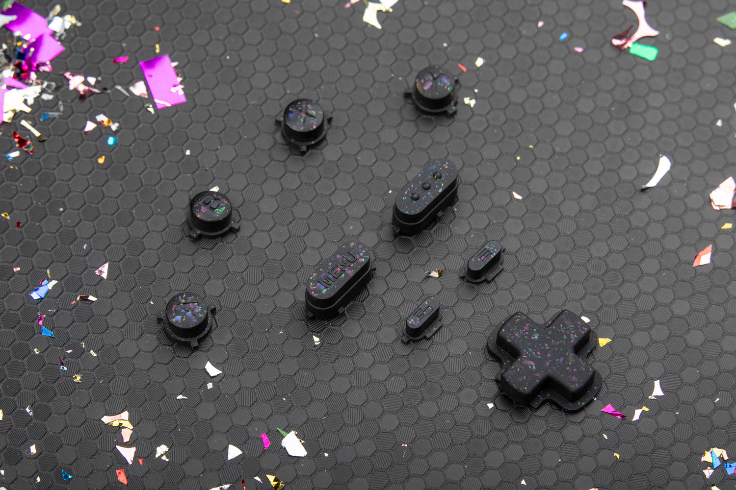 party black steam deck button set on hex background
