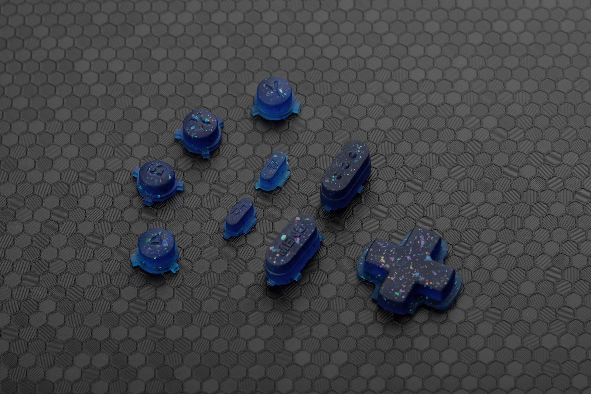 party blue steam deck buttons on hex background