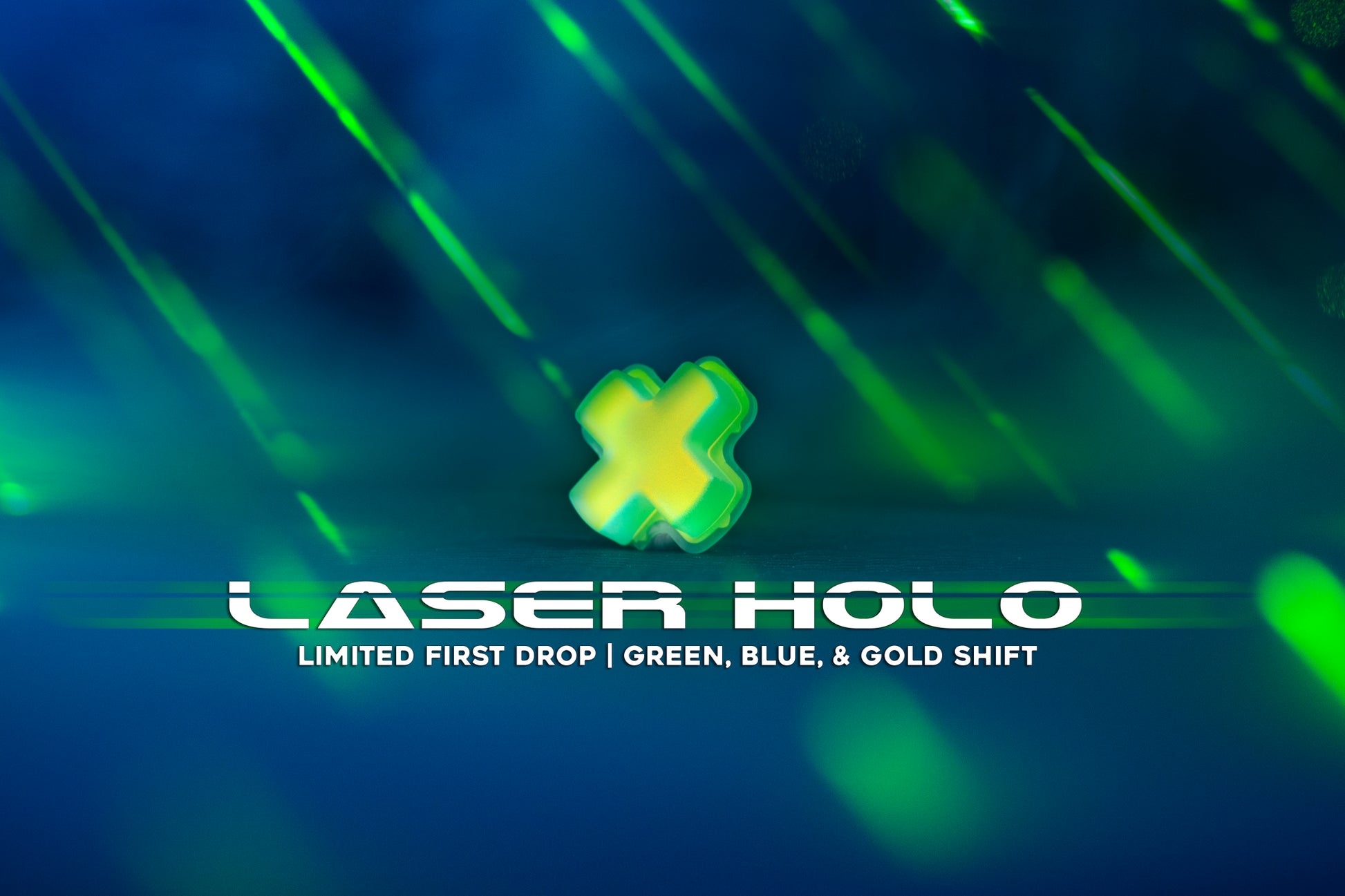 Laser holo text showcasing a steam deck dpad surrounded by lasers