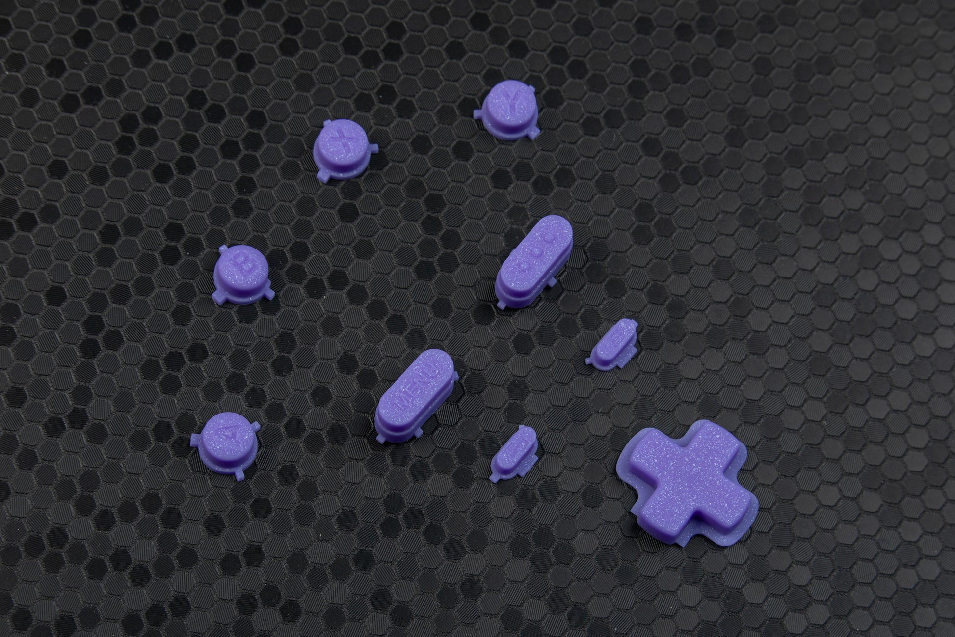 Purple sparkly steam deck buttons. Hex background.