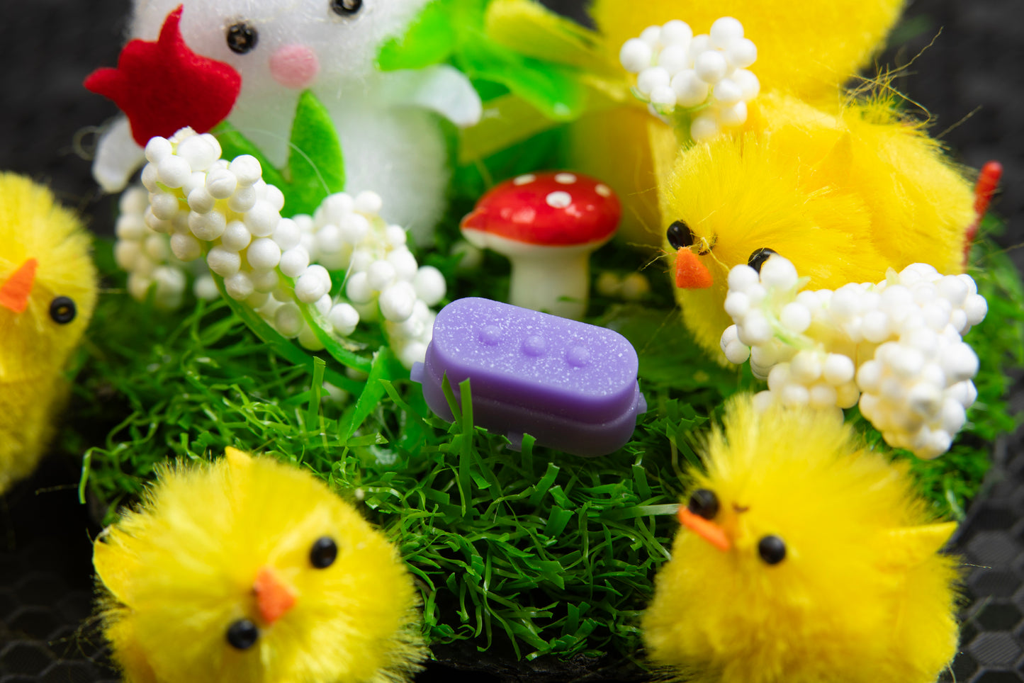 Purple quick access menu button surrounded by easter theme