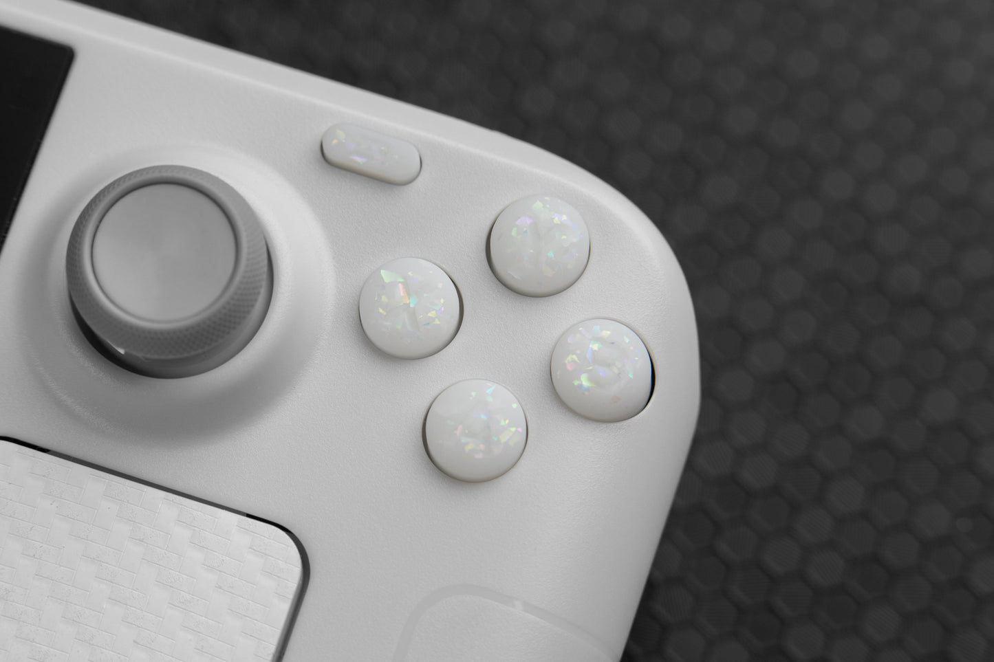 Close up of abxy party white installed on steam deck