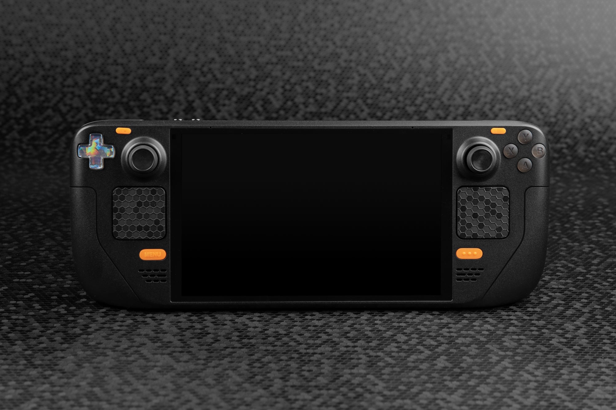 steam deck with orange buttons and holographic dpad