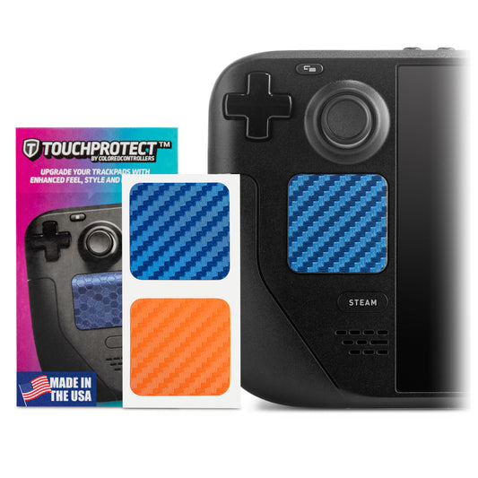 Touchprotect trackpad stickers for the steam deck. Image shows packaging on the left with made in the usa on the card, the touchprotect on sticker sheet in middle, and one touchprotect installed on the left trackpad of the steam deck.  Touchprotedt TelePORT features one blue sticker, and one orange sticker in a carbon fiber pattern on the sticker sheet. One blue sticker is installed on the steam deck in this image. 